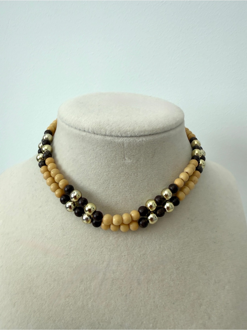 Beaded Triple-Row Necklace in Beige, Black and Gold